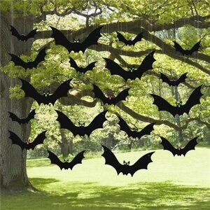 (18 Pcs) Hanging Bats Halloween Decoration Outside, Large Flying Plastic Bats